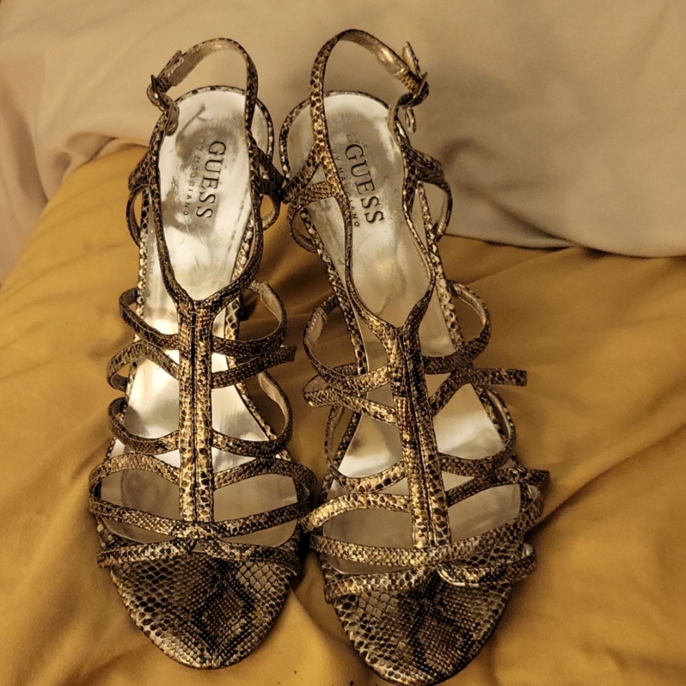 Guess by Marciano Silver Snakeskin Strappy Sandals